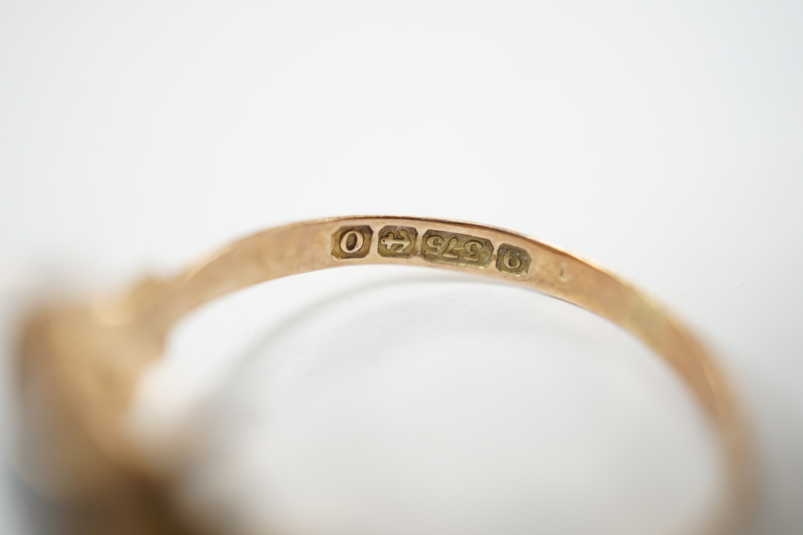 Two 9ct gold cameo rings, size N and Q, and a pearl and sapphire cluster ring, size N